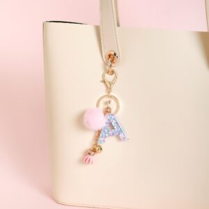 OKAICEN Pink-Purple Resin Alphabet Initial Letter Keychain Key Ring for Women Grils Purse Handbags with Faux Rabbit Fur Ball Pom('A')