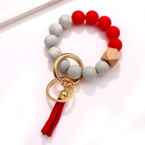 boderier Silicone Bracelet Keychain Key Ring Elastic Silicone Bead Wristlet Keychain Bracelet Bangle Portable House Car Keys Ring Holder with Tassel (Red)