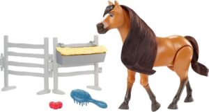 mattel spirit untamed toy horse & accessories playset, forever free spirit (approx. 8-inch) with neighing sounds, long mane & tail hair, brush, hay bale & apple snack