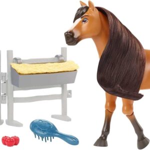 Mattel Spirit Untamed Toy Horse & Accessories Playset, Forever Free Spirit (Approx. 8-inch) with Neighing Sounds, Long Mane & Tail Hair, Brush, Hay Bale & Apple Snack