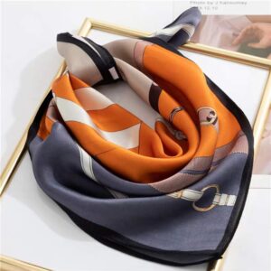 ANDANTINO 100% Real Mulberry Silk Scarf -21'' x 21''- Lightweight Neckerchief –Women Men Small Square Digital Printed Scarves (Belts-Orange-Grayish Blue)