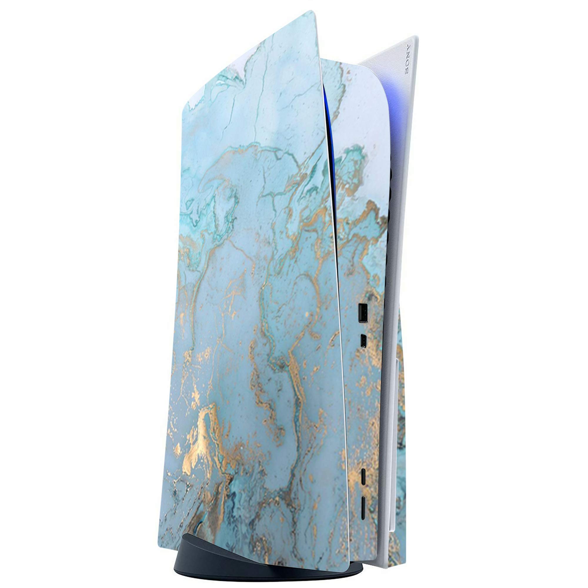 ITS A Skin Skins Compatible with Sony Playstation 5 Console Disc Edition - Protective Decal Overlay Stickers wrap Cover - Teal Blue Gold White Marble Granite