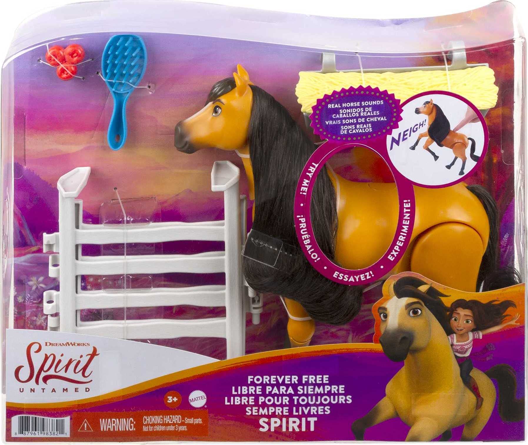 Mattel Spirit Untamed Toy Horse & Accessories Playset, Forever Free Spirit (Approx. 8-inch) with Neighing Sounds, Long Mane & Tail Hair, Brush, Hay Bale & Apple Snack