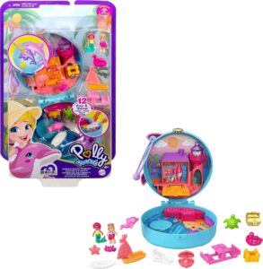 polly pocket compact playset, dolphin beach with micro polly, mermaid doll & accessories, travel toys with surprise reveals