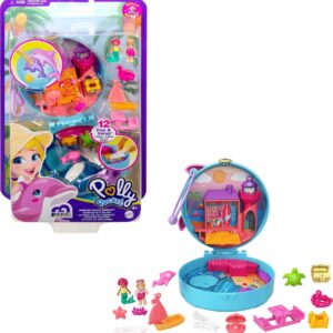 Polly Pocket Compact Playset, Dolphin Beach with Micro Polly, Mermaid Doll & Accessories, Travel Toys with Surprise Reveals