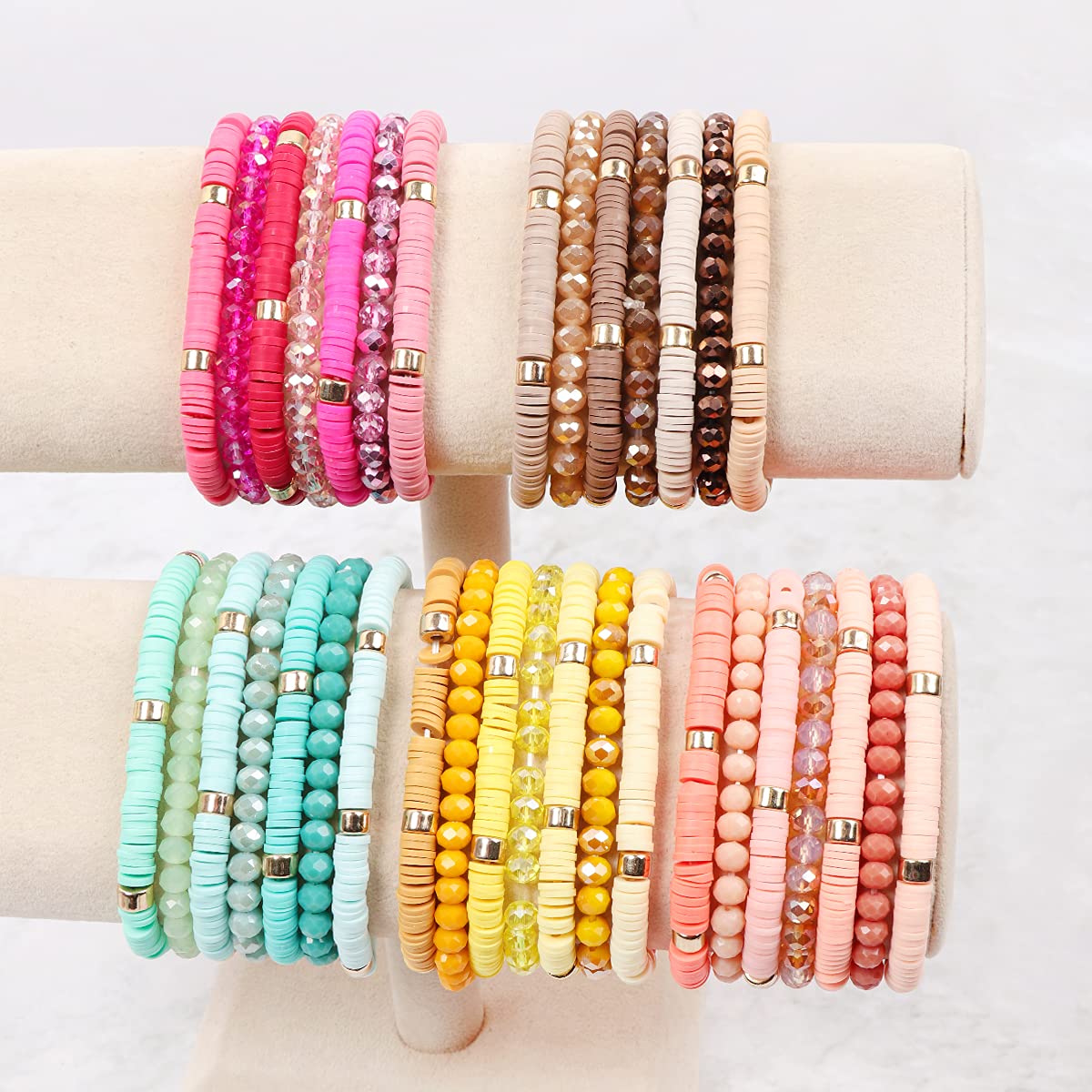 RIAH FASHION Bohemian Multi-Layer Beaded Stacking Statement Bracelets - Versatile Stretch Sparkly Crystal Beads Wrap Slip-on Bangle Set (Sparkly & Coin Bead Ombre 7 Layer - Pink)