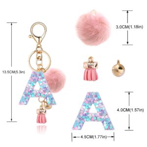 OKAICEN Pink-Purple Resin Alphabet Initial Letter Keychain Key Ring for Women Grils Purse Handbags with Faux Rabbit Fur Ball Pom('A')