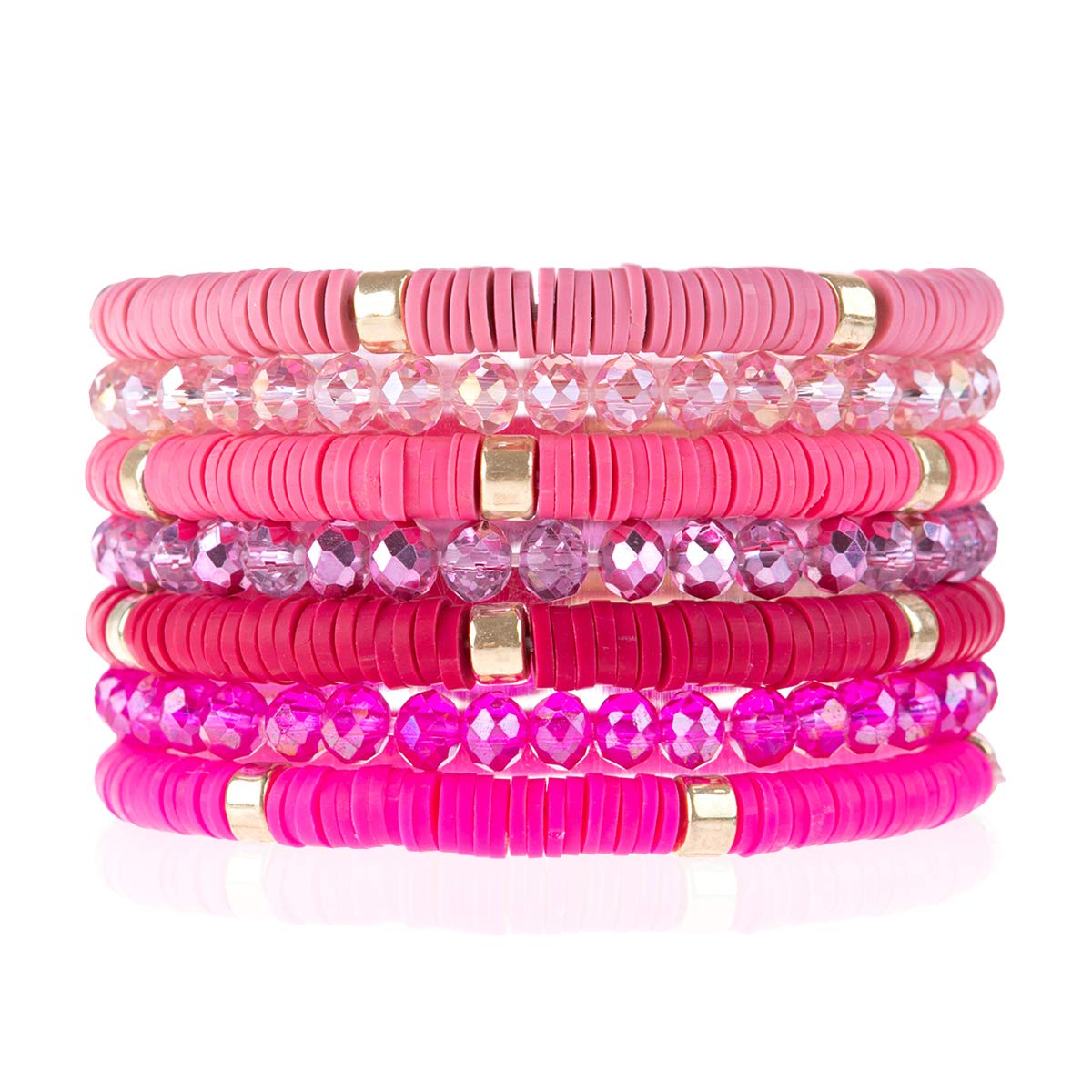 RIAH FASHION Bohemian Multi-Layer Beaded Stacking Statement Bracelets - Versatile Stretch Sparkly Crystal Beads Wrap Slip-on Bangle Set (Sparkly & Coin Bead Ombre 7 Layer - Pink)