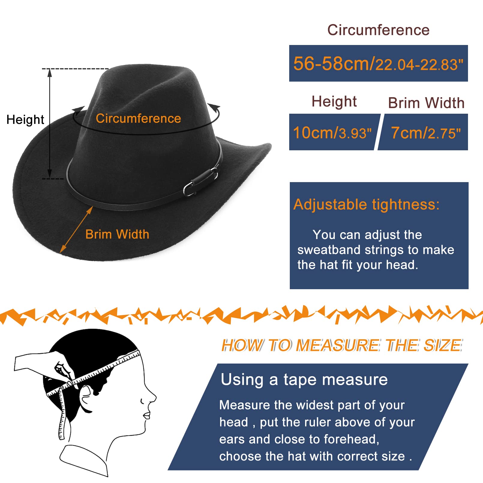 GEMVIE Cowboy Hat for Men Women Classic Roll Up Brim Fedora Cowgirl Hat Western Cowboy Hat with Belt Black