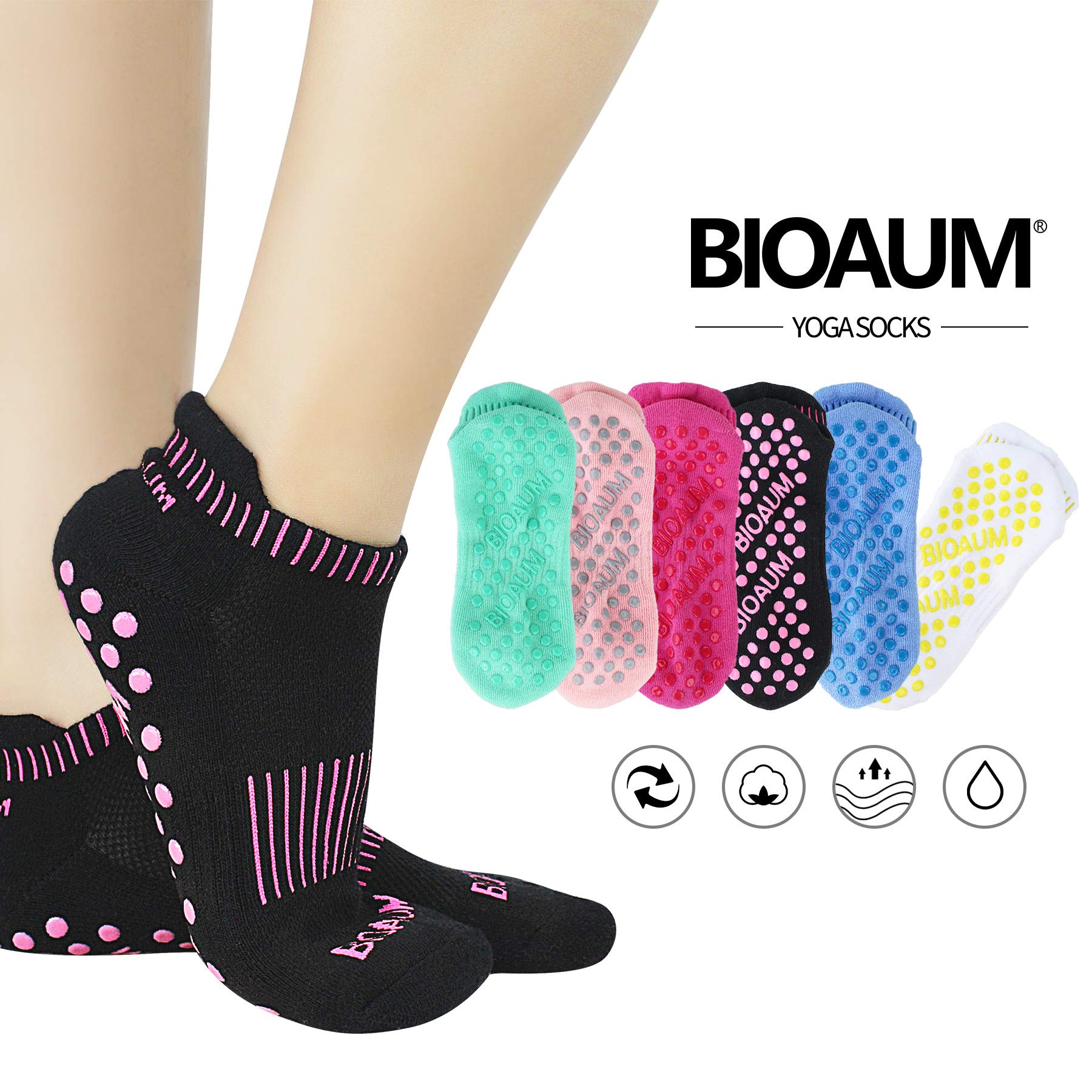 BIOAUM Yoga Socks for Women - 6 Pairs Cotton Cushion Non Slip Grip Slipper Pilates Hospital Socks