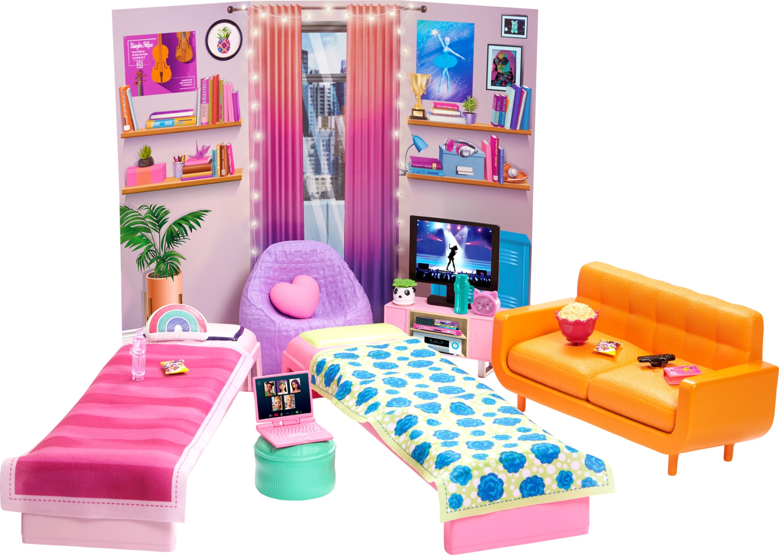 Barbie Toy Playset, Big City, Big Dreams Dorm Room Furniture & Accessories, Includes 2 Beds, Couch, Bean Bag Chair & More