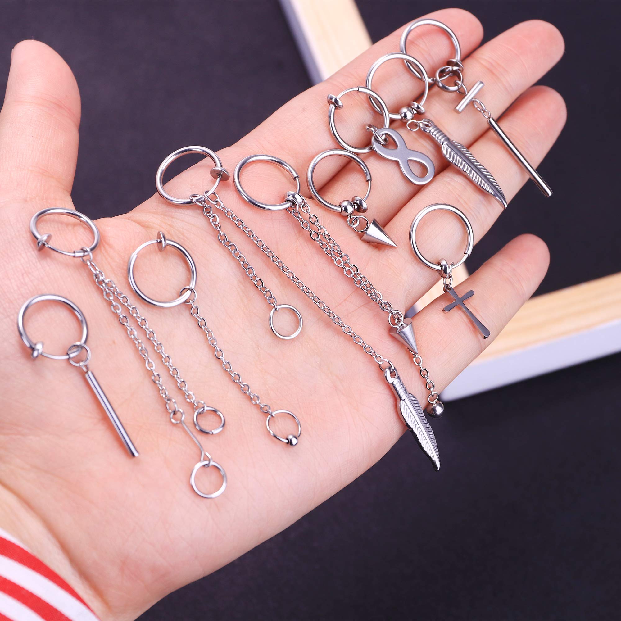 Magitaco 10 Pieces Hoop Dangle Earrings for Men Women Clip On Earrings Non Piercing Stainless Steel Dangle Hinged Hoop Earrings Long Chain Pendant Earrings Silver Kpop Earrings