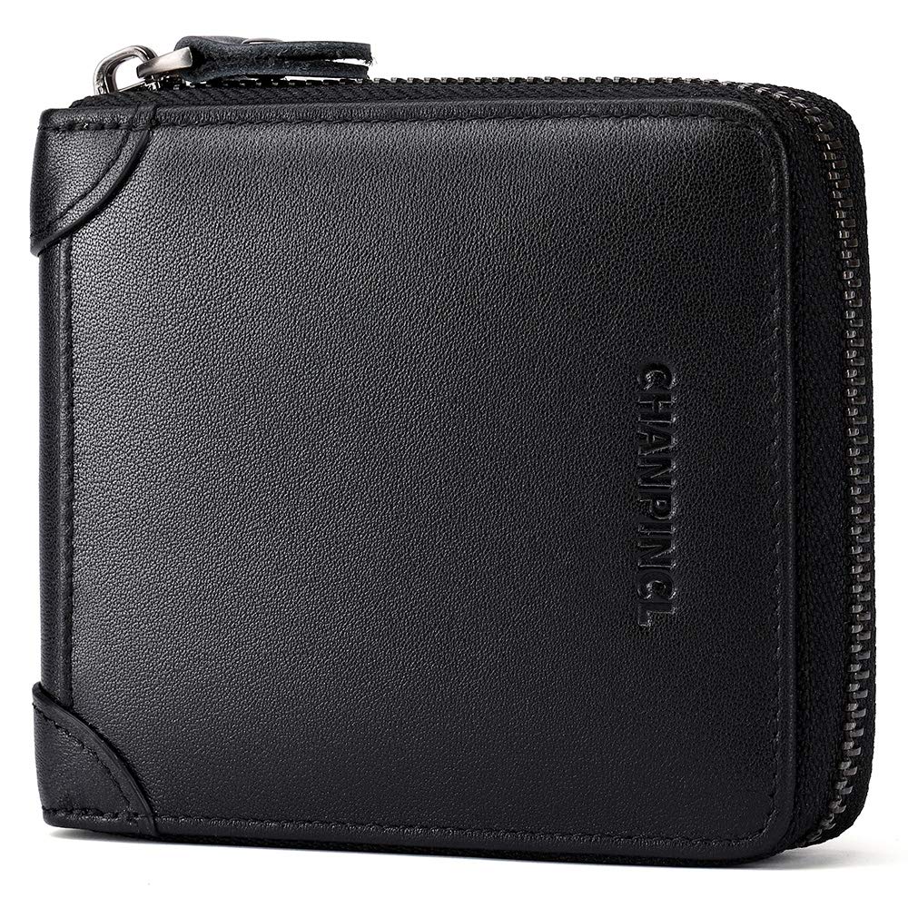 CHANPINCL Mens Genuine Leather Zipper Wallet RFID Secure Large Capacity Double Fold Multi-card Leather Wallets for Men and coin purse (Calf leather black)