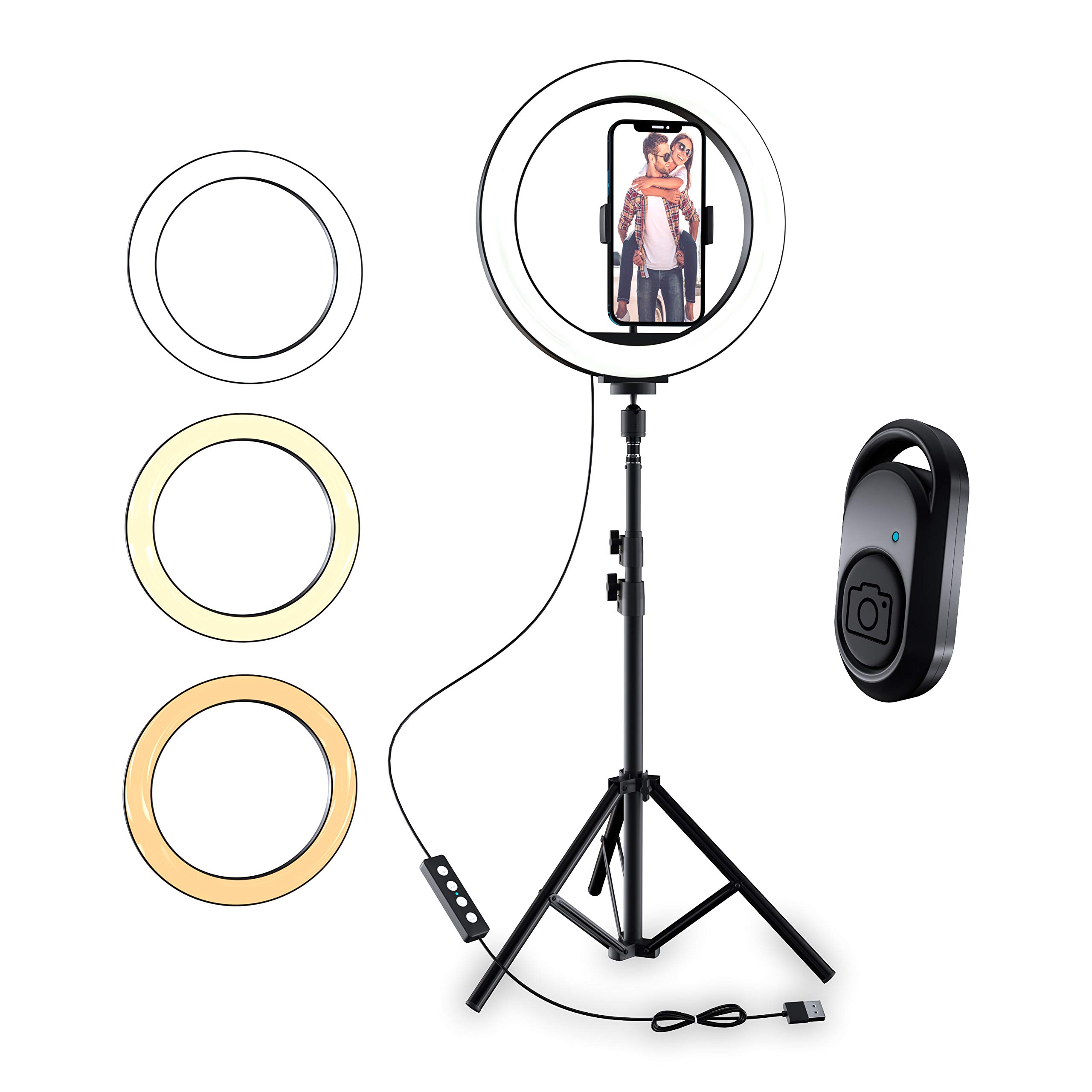 TALK WORKS 10" Selfie Ring Light Compatible w/iPhone 14/Plus/Pro/Max, 13/Mini/Pro/Max, 12/Mini/Pro/Max - Halo LED Circle Phone Holder Tripod Stand for Tiktok, Live Stream, Video Recording (Black)