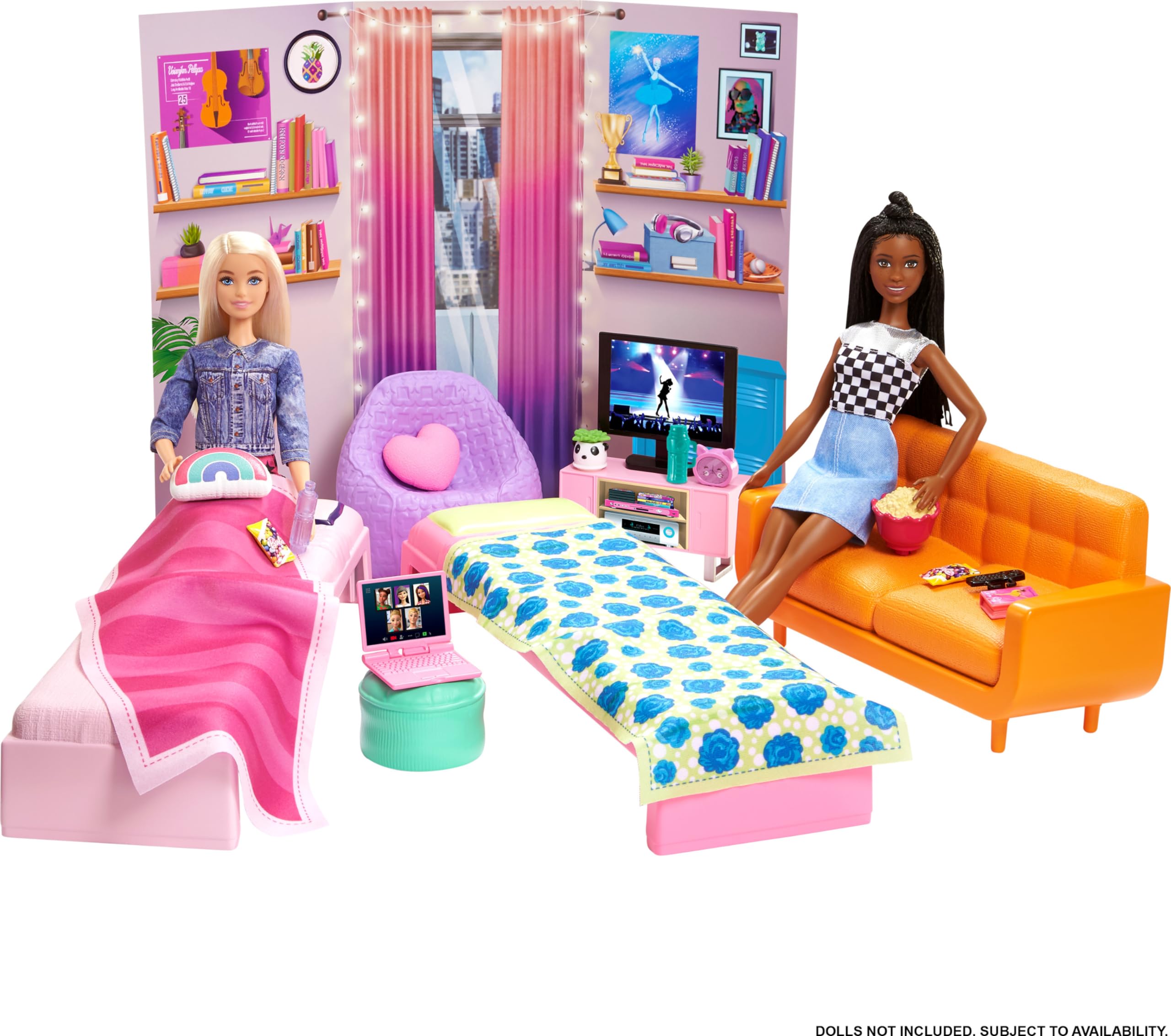 Barbie Toy Playset, Big City, Big Dreams Dorm Room Furniture & Accessories, Includes 2 Beds, Couch, Bean Bag Chair & More