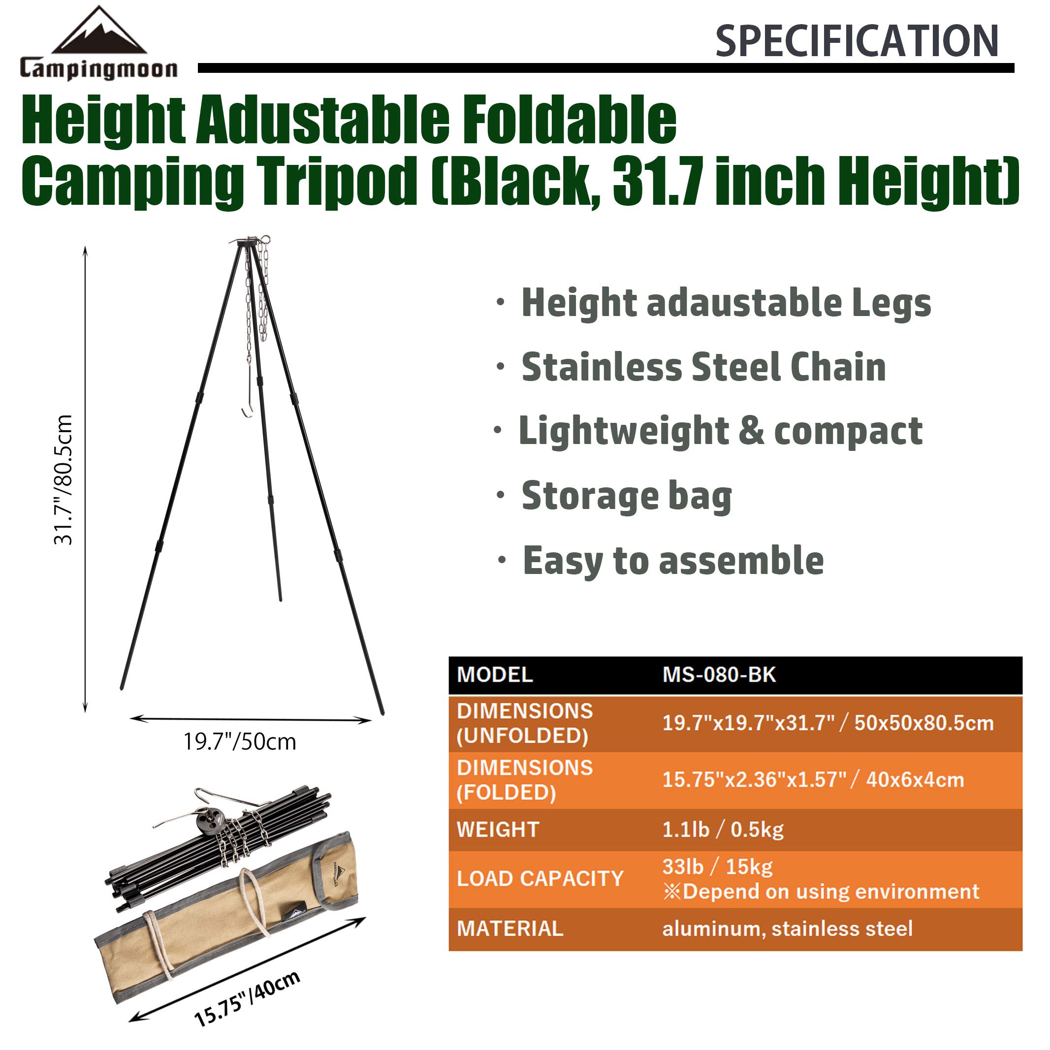 CAMPINGMOON Camping Campfire Tripod with Carrying Bag Portable Lightweight Aluminum 31.5-inch Height Stainless Steel Chain Black