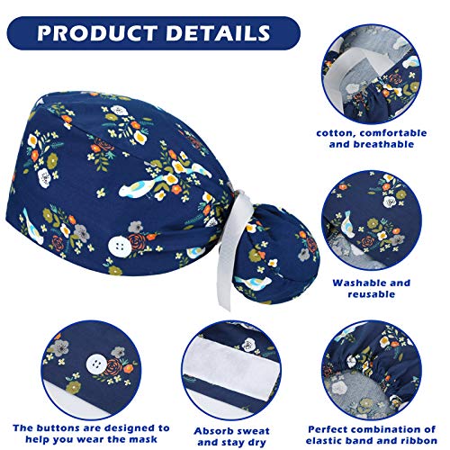 6 Pcs Scrub Caps Women Nursing Hats with Buttons Adjustable Bouffant Nurse Hats Ponytail Holder Bouffant Turban Hats (Fresh Patterns)