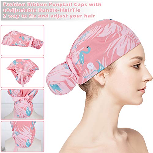 6 Pcs Scrub Caps Women Nursing Hats with Buttons Adjustable Bouffant Nurse Hats Ponytail Holder Bouffant Turban Hats (Fresh Patterns)