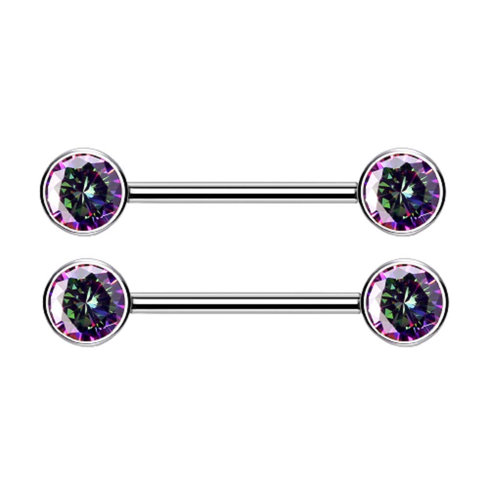 Pierced Owl 14G Implant Grade Titanium Threadless Push-in Bezel Set CZ Crystal Nipple Barbells, Sold as a Pair (Vitrail Medium, 14mm (9/16"))