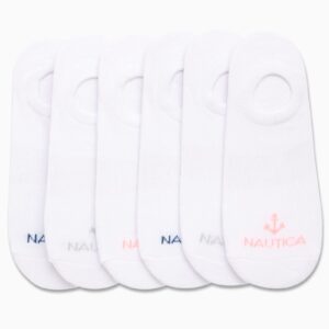 Nautica Women's No Show Stretchy Sport Liner Socks with Non Slip Grip (6 Pack), Size 4-10, All White