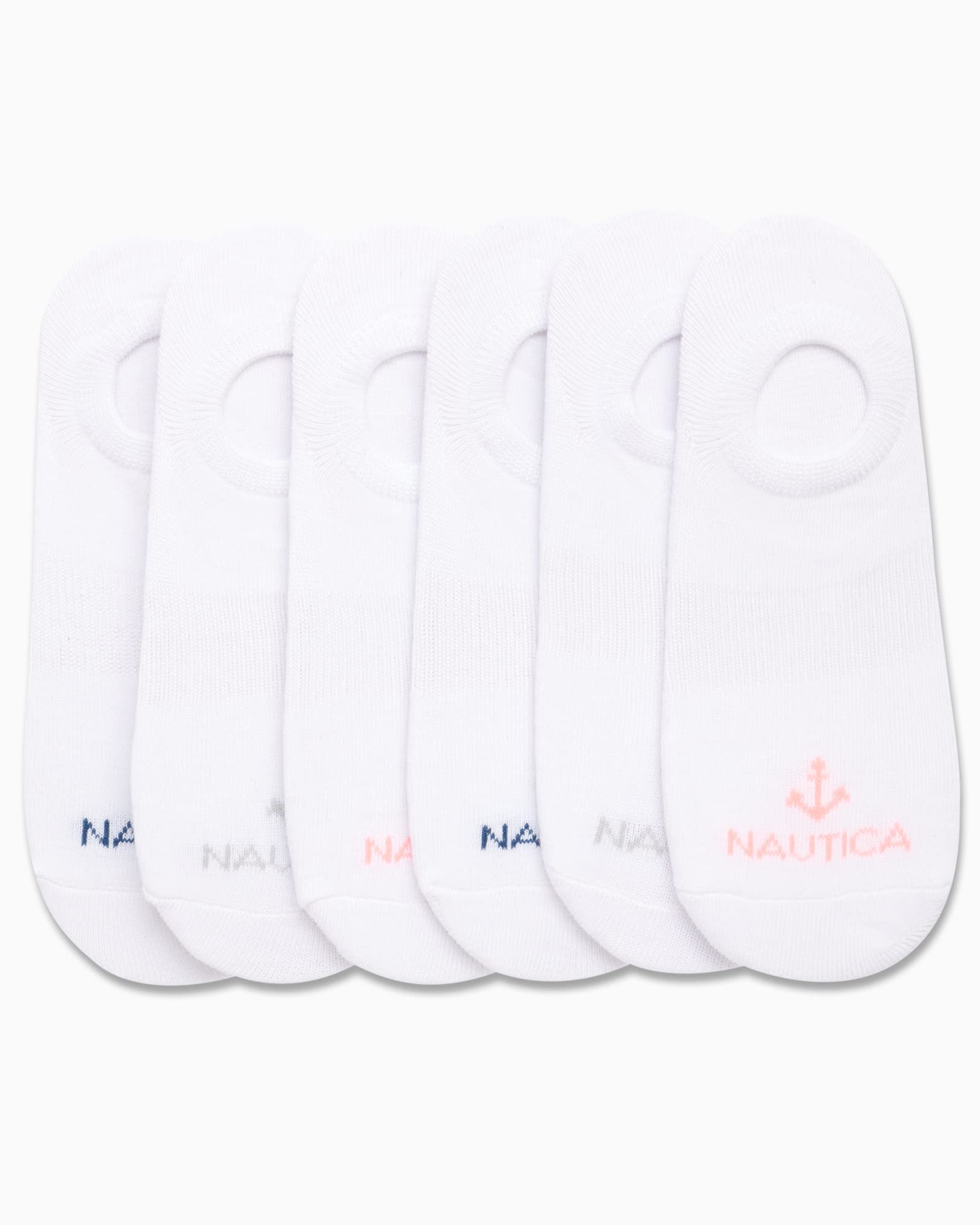 Nautica Women's No Show Stretchy Sport Liner Socks with Non Slip Grip (6 Pack), Size 4-10, All White