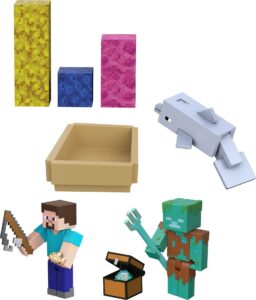 mattel minecraft treasure hunt adventure pack figures, accessories and papercraft blocks, complete play in a box, toy for kids ages 6 years and older