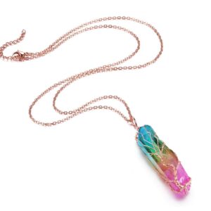 PESOENTH Life Tree Rainbow Quartz Crystal Gemstone Reiki Healing Rock Raw Stone Chakra Pendant Necklace Women Rose Gold Wire Wrap Gemstone Necklace Jewelry Gifts