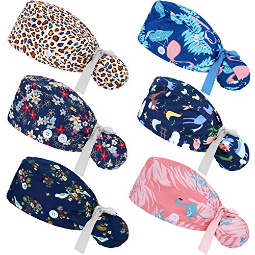 6 Pcs Scrub Caps Women Nursing Hats with Buttons Adjustable Bouffant Nurse Hats Ponytail Holder Bouffant Turban Hats (Fresh Patterns)