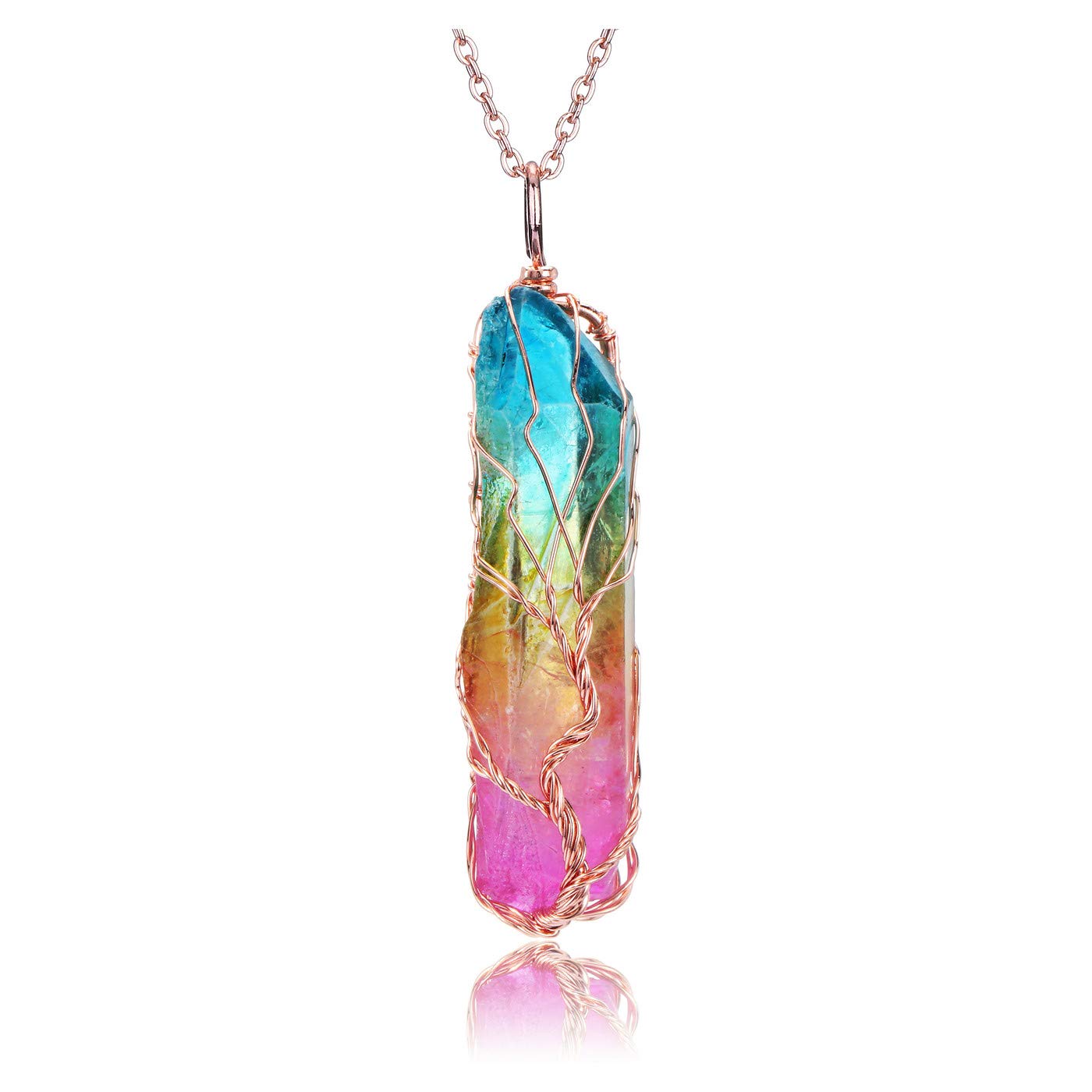 PESOENTH Life Tree Rainbow Quartz Crystal Gemstone Reiki Healing Rock Raw Stone Chakra Pendant Necklace Women Rose Gold Wire Wrap Gemstone Necklace Jewelry Gifts