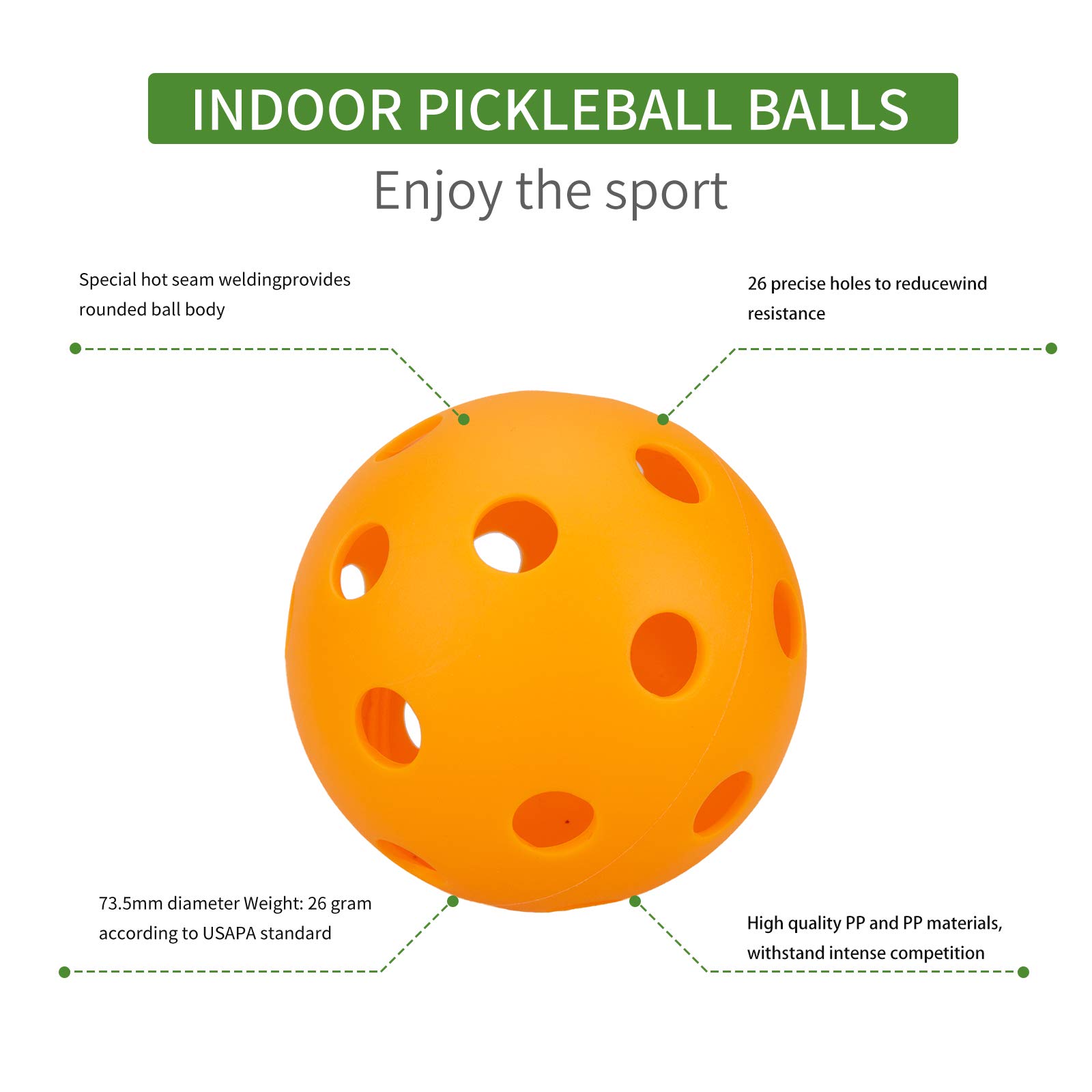 CAMSOON Indoor 26 Hole Indoor Orange Pickleball Balls Bright Orange Pickle Balls 6 Pack USAPA Paddle Ball Regulation Size A Great Addition for a Pickleball Set (Orange-6Pack)