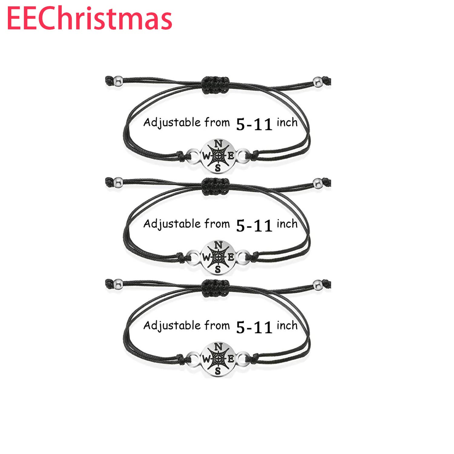 EEChristmas Compass Pinky Promise Distance Matching Bracelets 3 Pack for Best Friends Family Women Mens Teen Girls Adjustable Friendship Birthday Gift