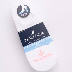 Nautica Women's No Show Stretchy Sport Liner Socks with Non Slip Grip (6 Pack), Size 4-10, All White