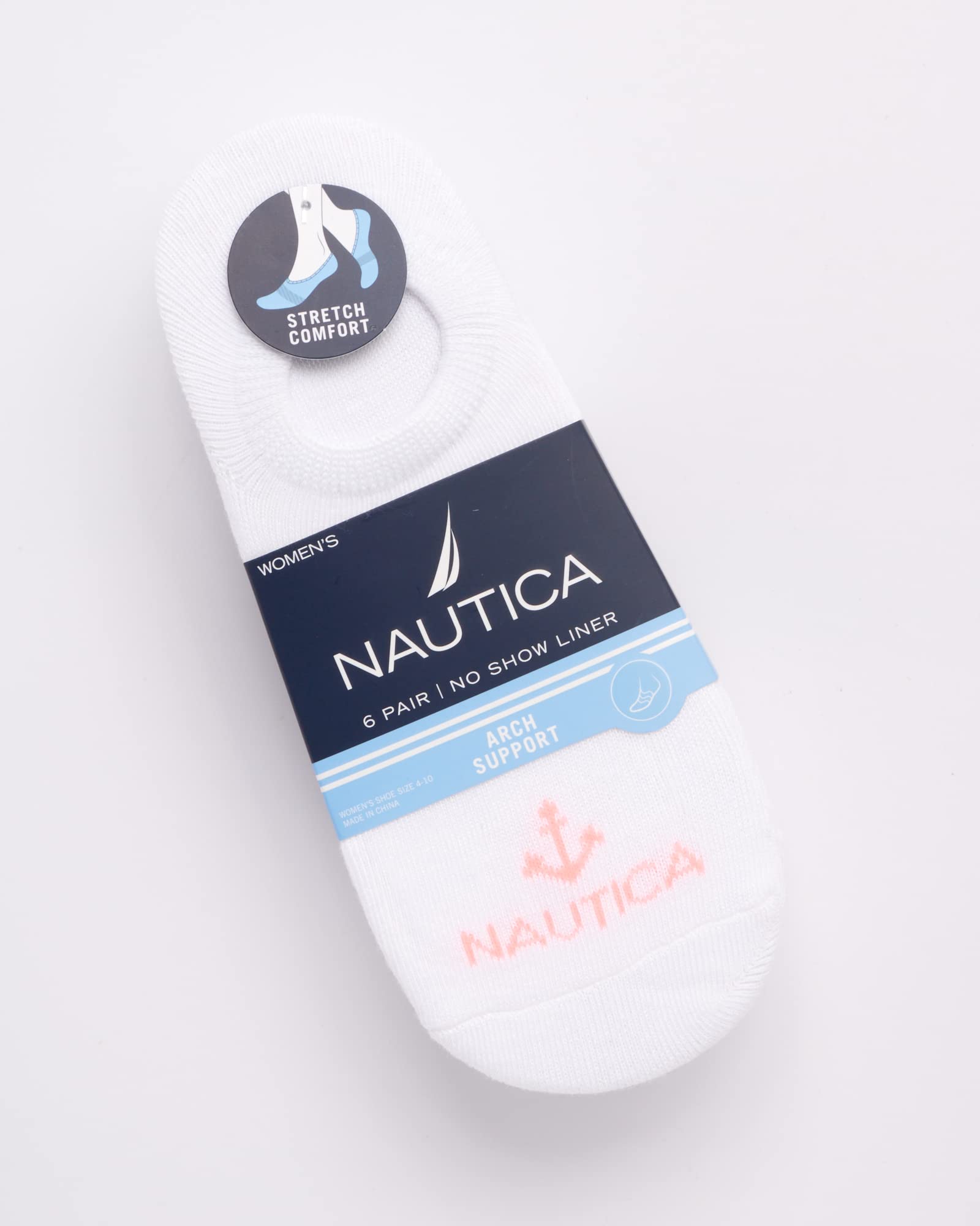 Nautica Women's No Show Stretchy Sport Liner Socks with Non Slip Grip (6 Pack), Size 4-10, All White