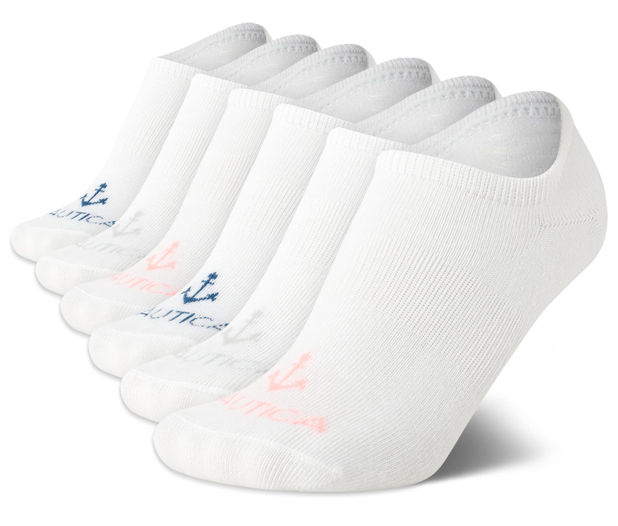 Nautica Women's No Show Stretchy Sport Liner Socks with Non Slip Grip (6 Pack), Size 4-10, All White