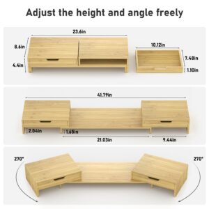 Epesoware Monitor Stand with 2 Drawers for Desk, Bamboo Dual Monitor Riser, Desk Organizer, Monitor Shelf for Computer Laptop Printer, No Assembly Required, Natural