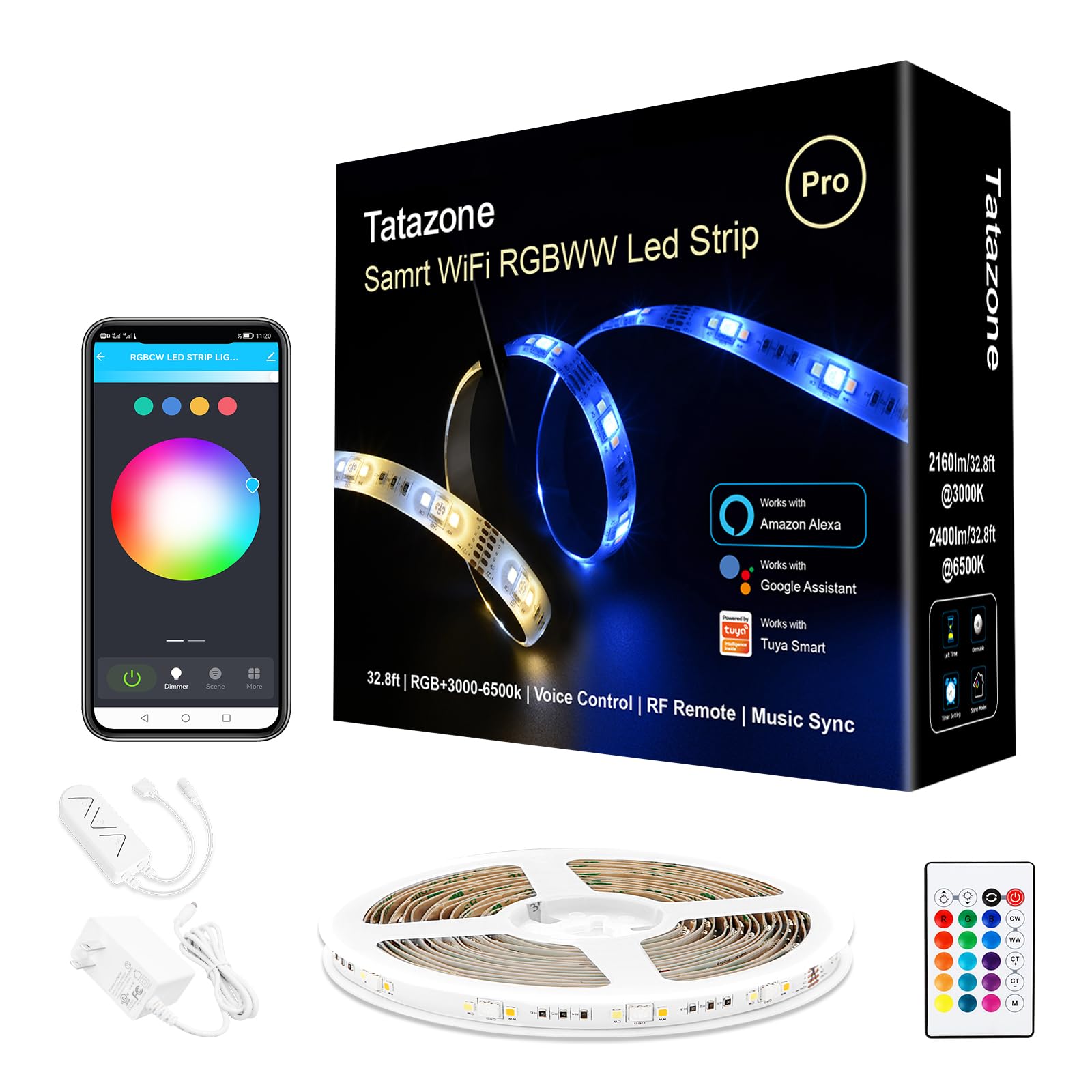 Tatazone RGBWW Smart LED Strip Lights, 32.8ft Tunable White 3000K to 6500K+RGB WiFi Led Light Strips Work with Alexa Google, Music Sync Color Changing Indoor Rope Lights for Kitchen, Room, Cabinet