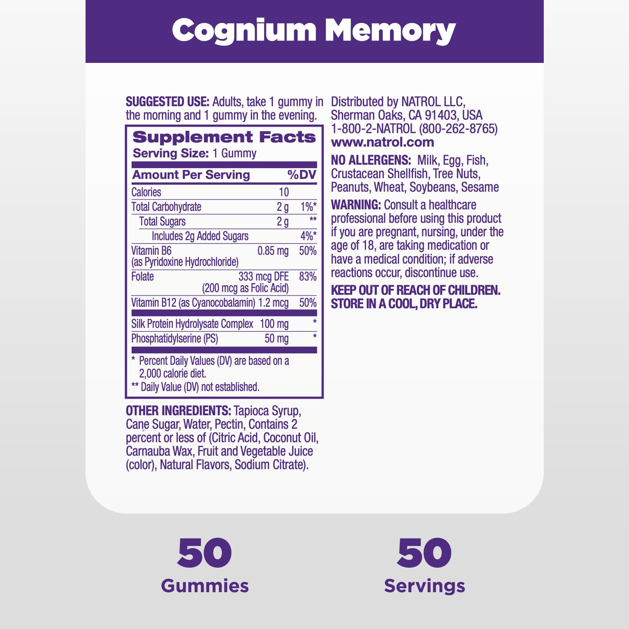 Natrol Cognium Complete Gummies, Brain Health Support, Improves Memory & Clarity, Fruit Punch Flavored Dietary Supplement, Drug Free, 100mg, 50 Gummies