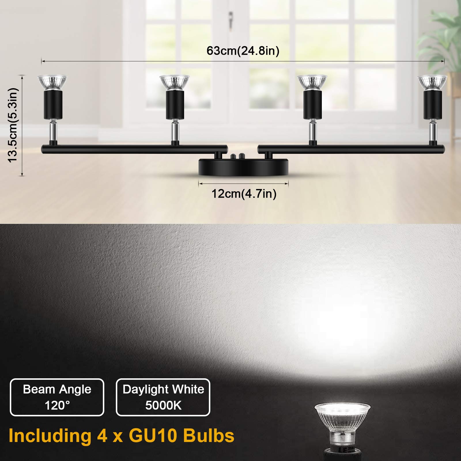 Ascher 4-Light LED Track Lighting Kit, Flexibly Rotatable Light Heads, 4 Way Ceiling Spotlight Black Finish, Including 4 GU10 LED Bulbs (4W 400LM Daylight White 5000K)