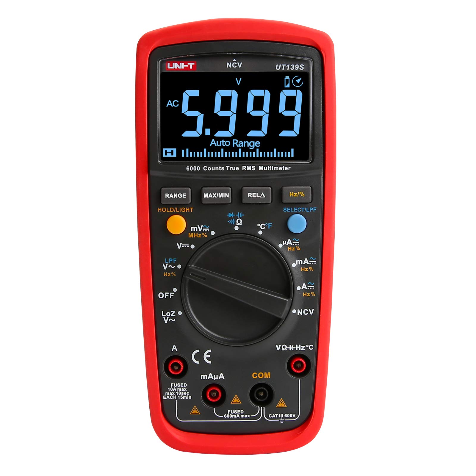 UNI-T True RMS Digital Multimeter UT139S, Auto/Manual Range 6000 Counts NCV LPF/LoZ (ACV) Analog Bar Bandwidth Measures AC DC Voltage AC DC Current Resistance Capacitance Frequency Temperature Duty Cy