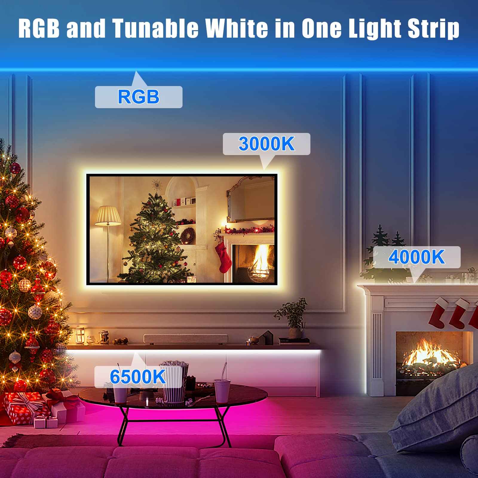 Tatazone RGBWW Smart LED Strip Lights, 32.8ft Tunable White 3000K to 6500K+RGB WiFi Led Light Strips Work with Alexa Google, Music Sync Color Changing Indoor Rope Lights for Kitchen, Room, Cabinet