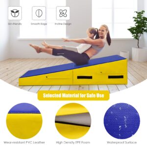 Giantex Folding Gymnastics Wedge Mat, w/Carrying Handles, Incline Gymnastics Tumbling Cheese Mat for Kids Play, Home Exercise, Aerobics, Gymnastics Training (Blue/Yellow)