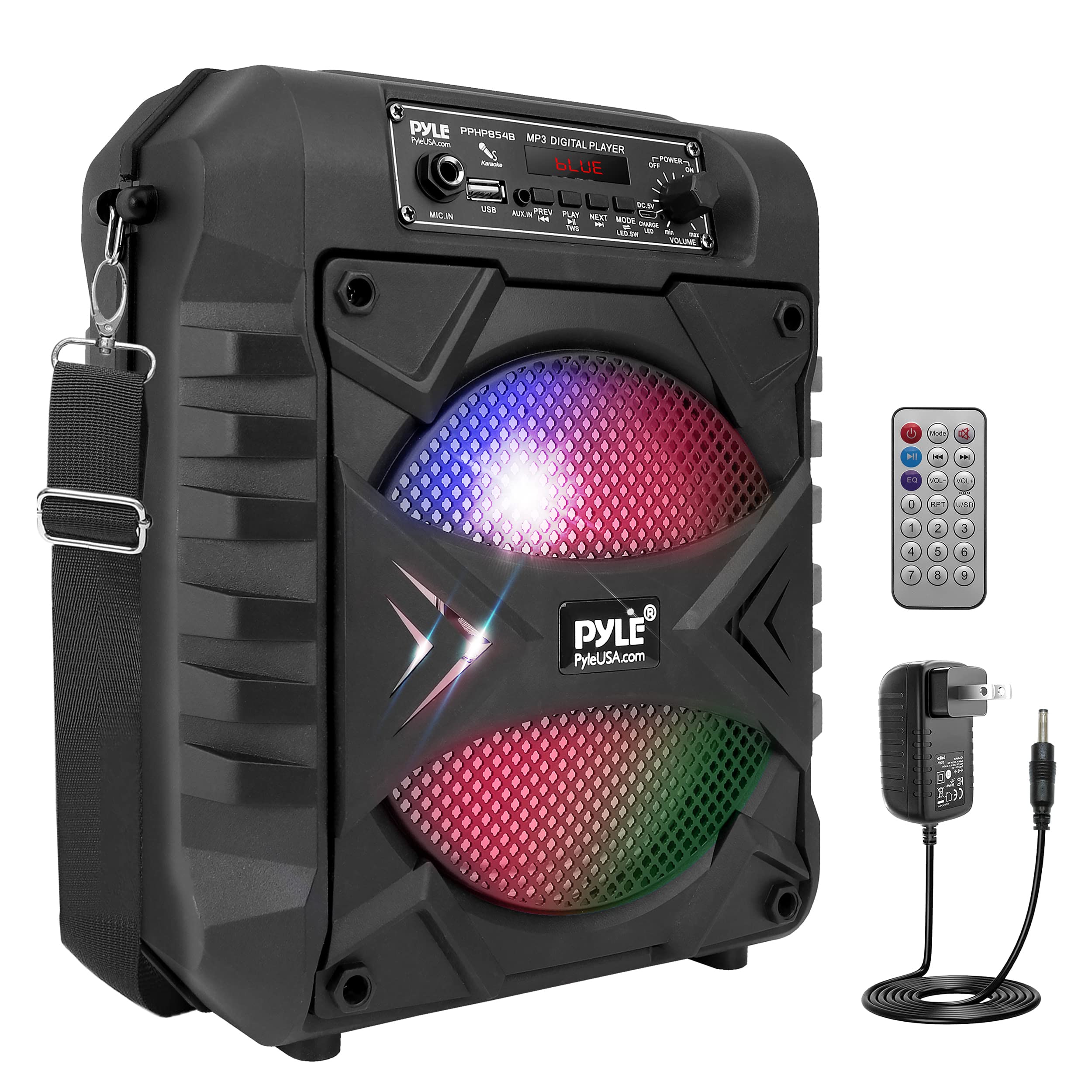 Pyle Portable Bluetooth PA Speaker System - 300W Rechargeable Indoor/Outdoor Bluetooth Speaker Portable PA System w/ 8” Subwoofer, AUX, Microphone in, Party Lights, MP3/USB, Radio, Remote PPHP854B