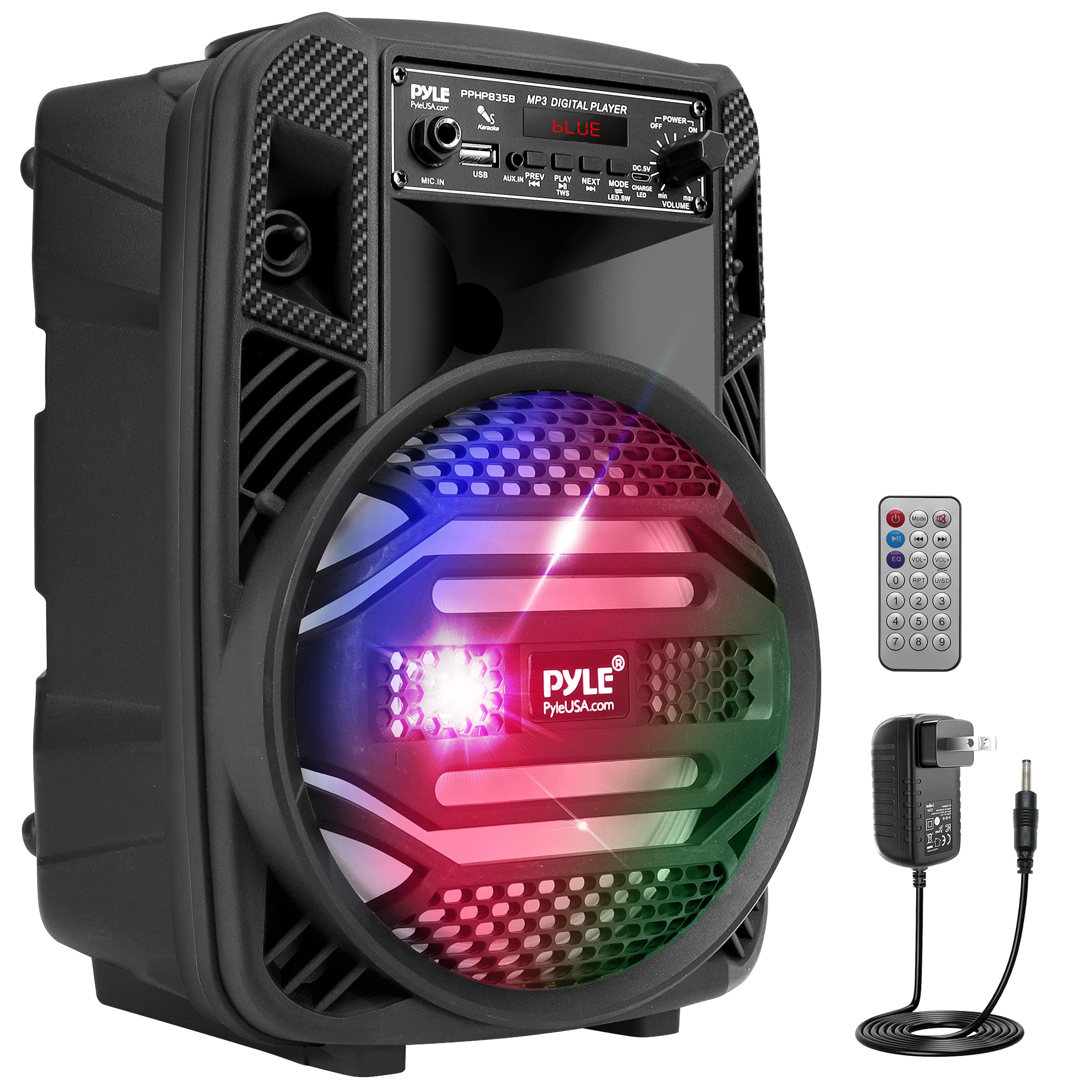 Pyle Portable Bluetooth PA Speaker System - 300W Rechargeable Outdoor Bluetooth Speaker Portable PA System w/ 8” Subwoofer 1” Tweeter, Microphone In, Party Lights, MP3/USB, Radio, Remote -PPHP835B