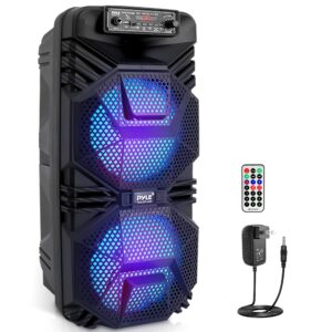 pyle bluetooth pa speaker system - 600w rechargeable outdoor bluetooth speaker portable pa system w/ dual 8” subwoofer 1” tweeter, microphone in, party lights, usb, radio, remote - pyle pphp2836b