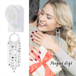 Bohemian Boho Tassel Dangle Drop Earrings for Women – Lightweight Filigree Gypsy Coin Chandelier Disc Charm Hoops – included Gift Box (Round - Silver)