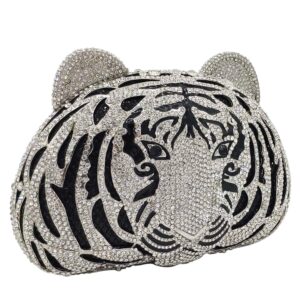 Boutique De FGG Tiger Clutch Purse for Women Evening Bags Formal Party Prom Rhinestone Handbags and Purses (Silver)