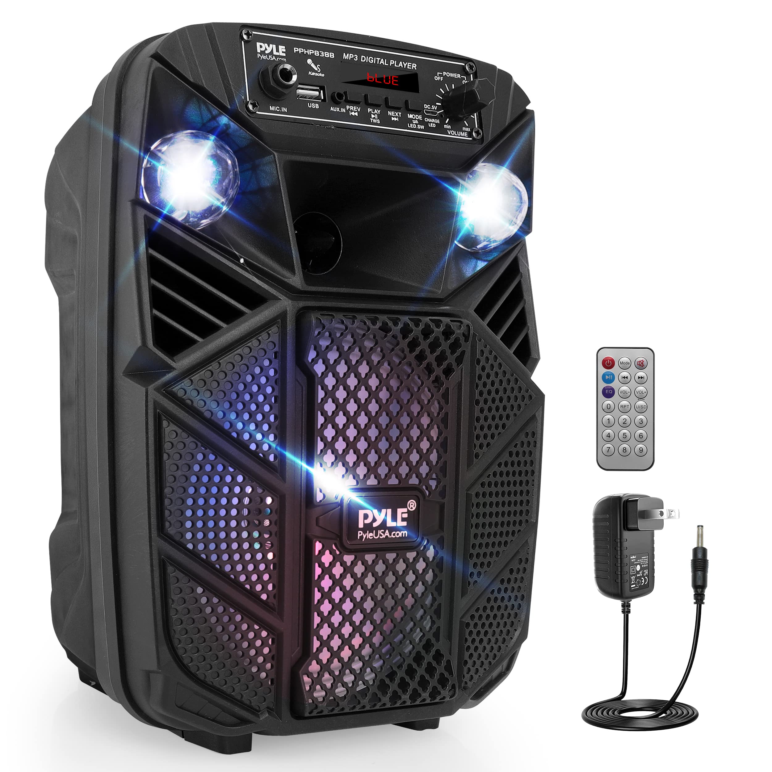 Pyle Bluetooth PA Speaker System - 300W Rechargeable Outdoor Bluetooth Speaker Portable PA System w/ 8” Subwoofer 1” Tweeter, Microphone in, MP3/USB, Radio, Remote - Pyle PPHP838B, Black