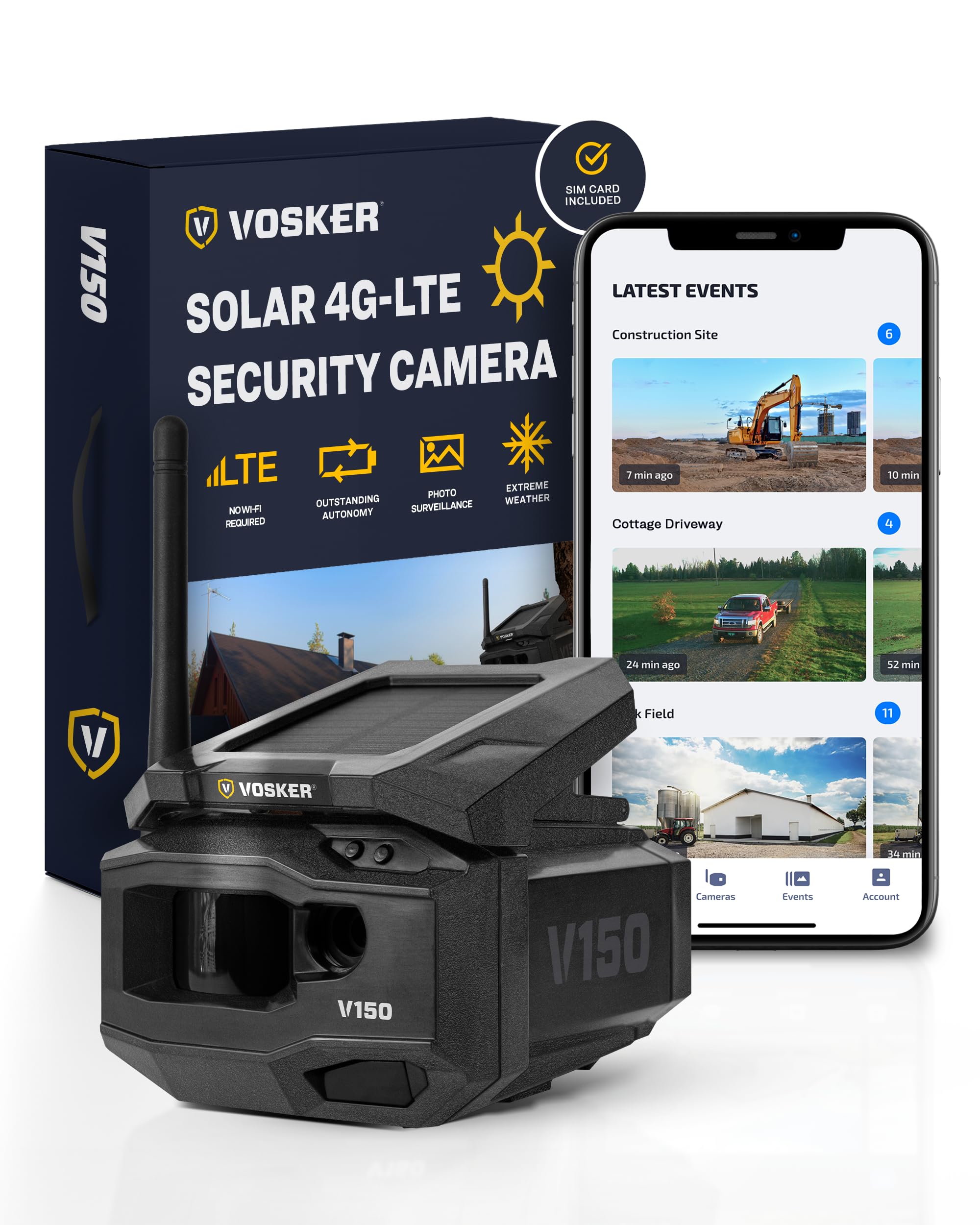 Vosker V150 Solar-Powered LTE Cellular Home Security Outdoor Camera | Motion Activated Sensor Nightvision Wireless Camera | Receive Photos on Your Mobile App (V150-US)