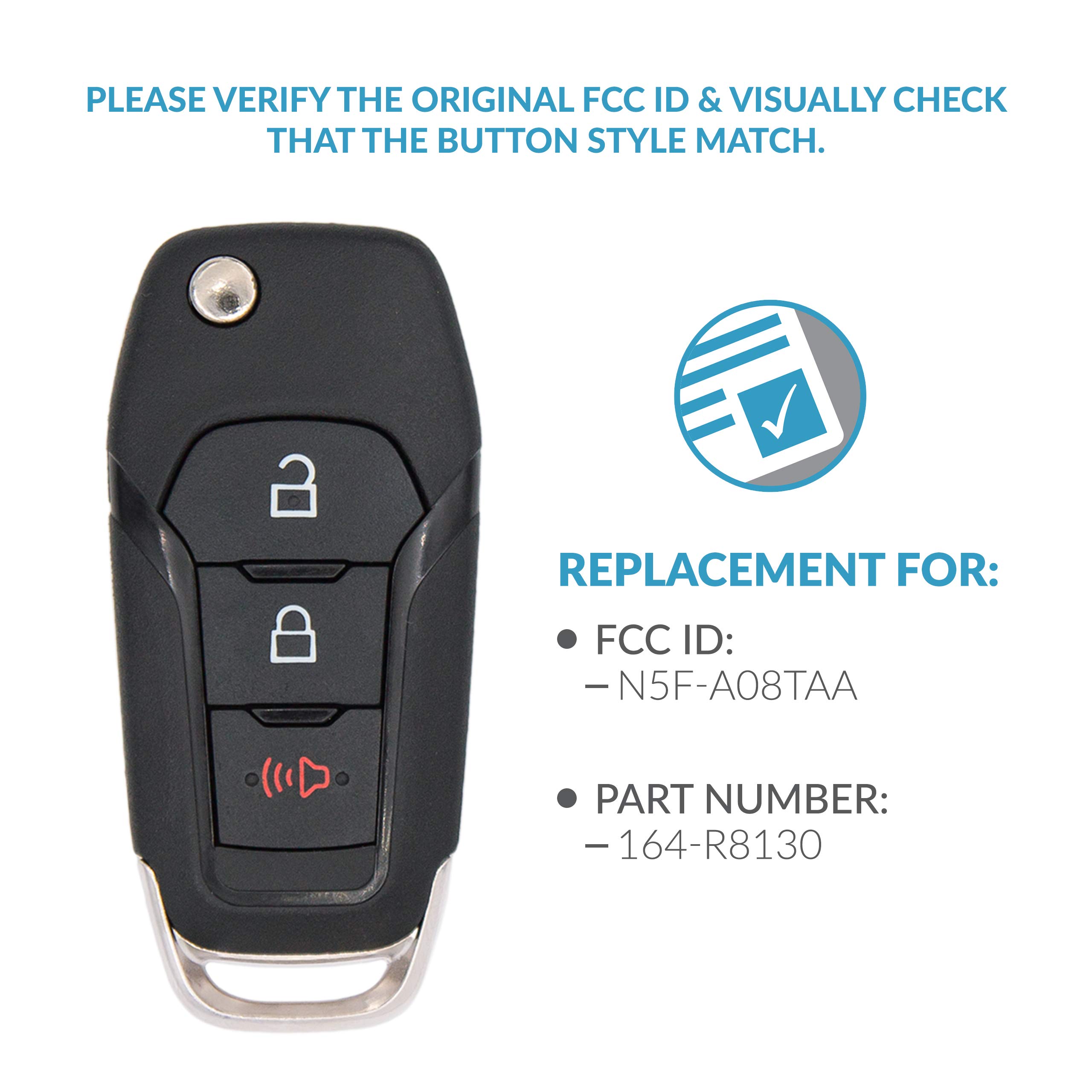 Keyless2Go Replacement for 3 Button Flip Key Ford N5F-A08TAA 164-R8130