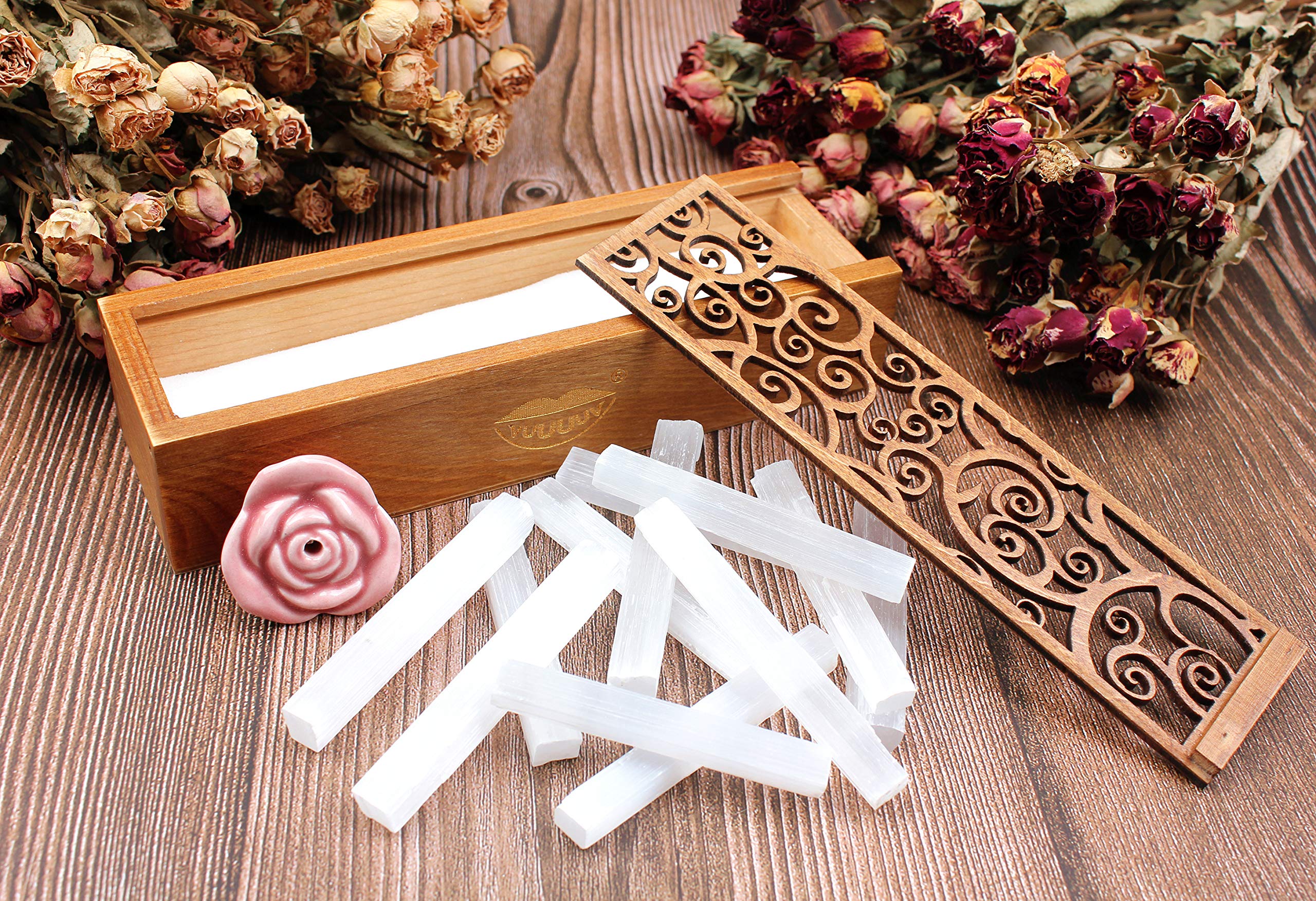 vuUUuv Natural Bulk Selenite Sticks & Black Tourmaline - Healing Crystals，Reiki， Cleansing Energy，Radiation Protection，Protection Grids (24 pcs)